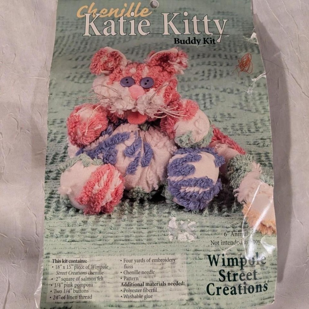 90s DIY Craft Kit Chenille Kitty Katie Soft Plush Toy NOS Cat Vintage Derpy